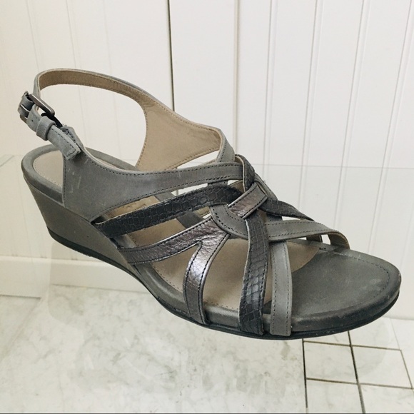 Ecco Touch 45 Grey Leather Wedge Heels Sandals - Picture 9 of 14